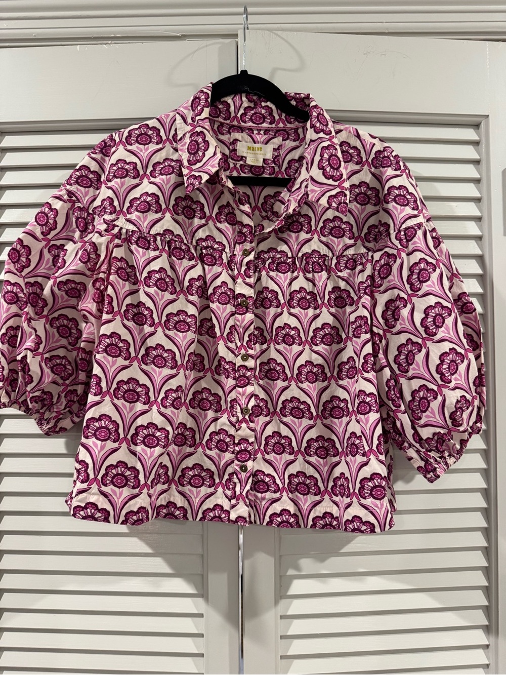 Maeve Pink & Magenta Floral Button-Down Puff Sleeve Blouse